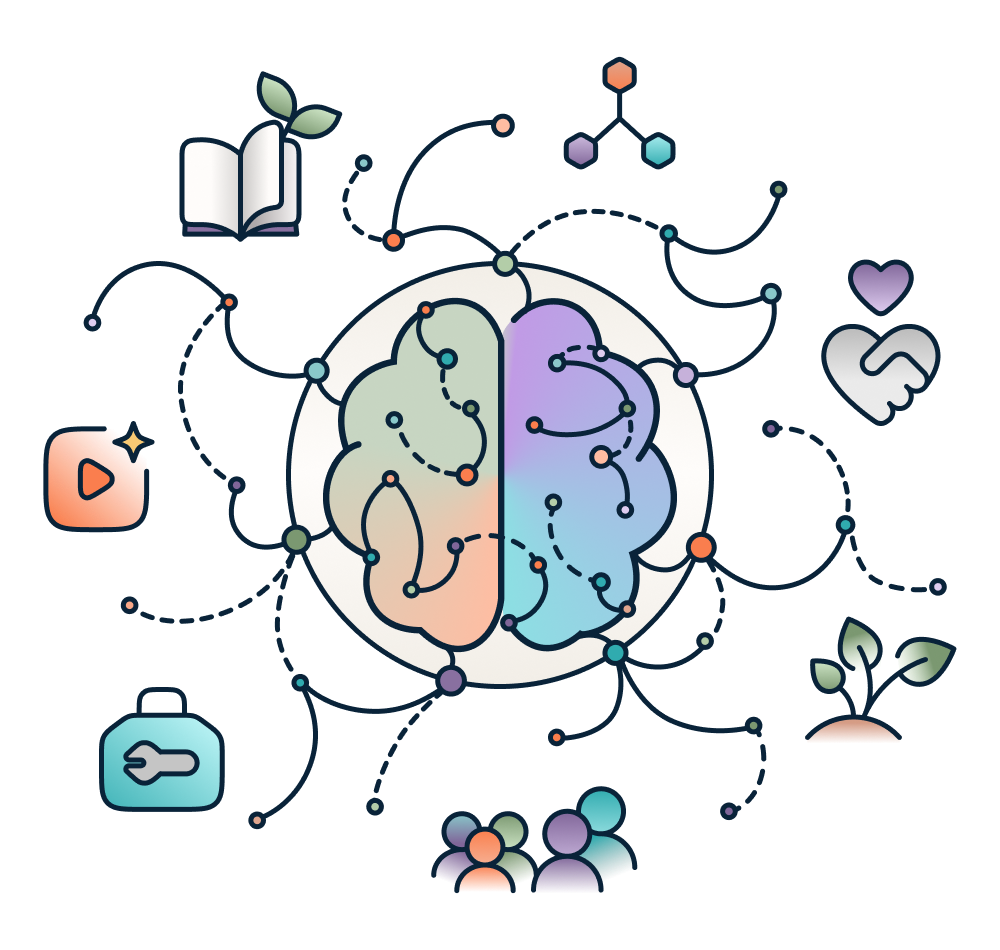 Illustration représentant les connexions entre les connaissances, les relations humaines et la neurodiversité.